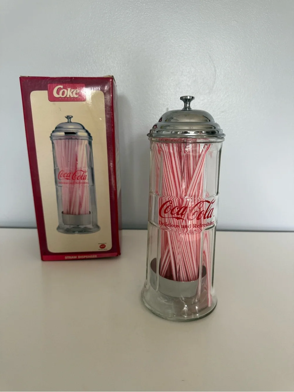 Coca-Cola Clear Glass Straw Dispenser with Red & White Striped Straws